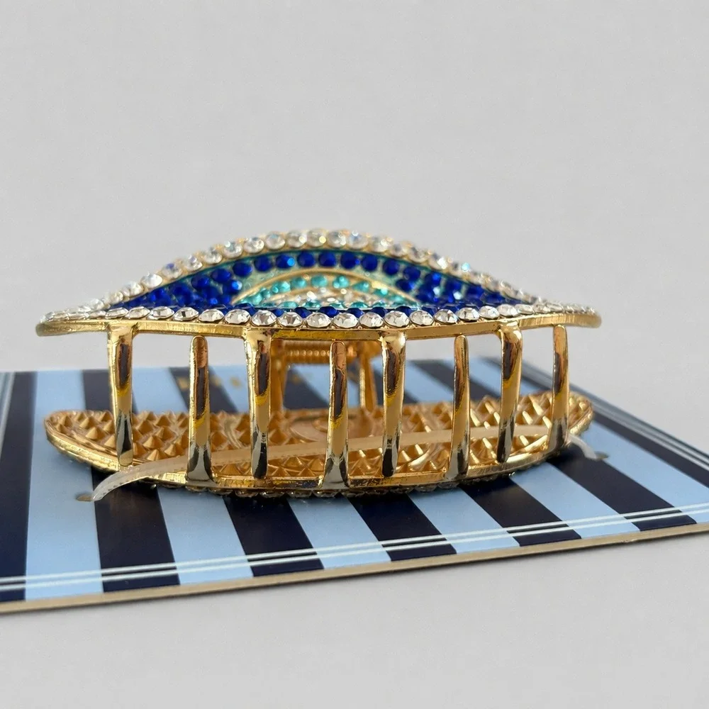 Piper K Evil Eye Hair Claw Clip Gold Tone Blue Rhinestone Crystal Statement